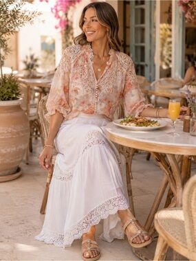 DREAM CATCHER Floral Eyelet Lace Cottagecore Romantic Pixie Blouse Top Size S